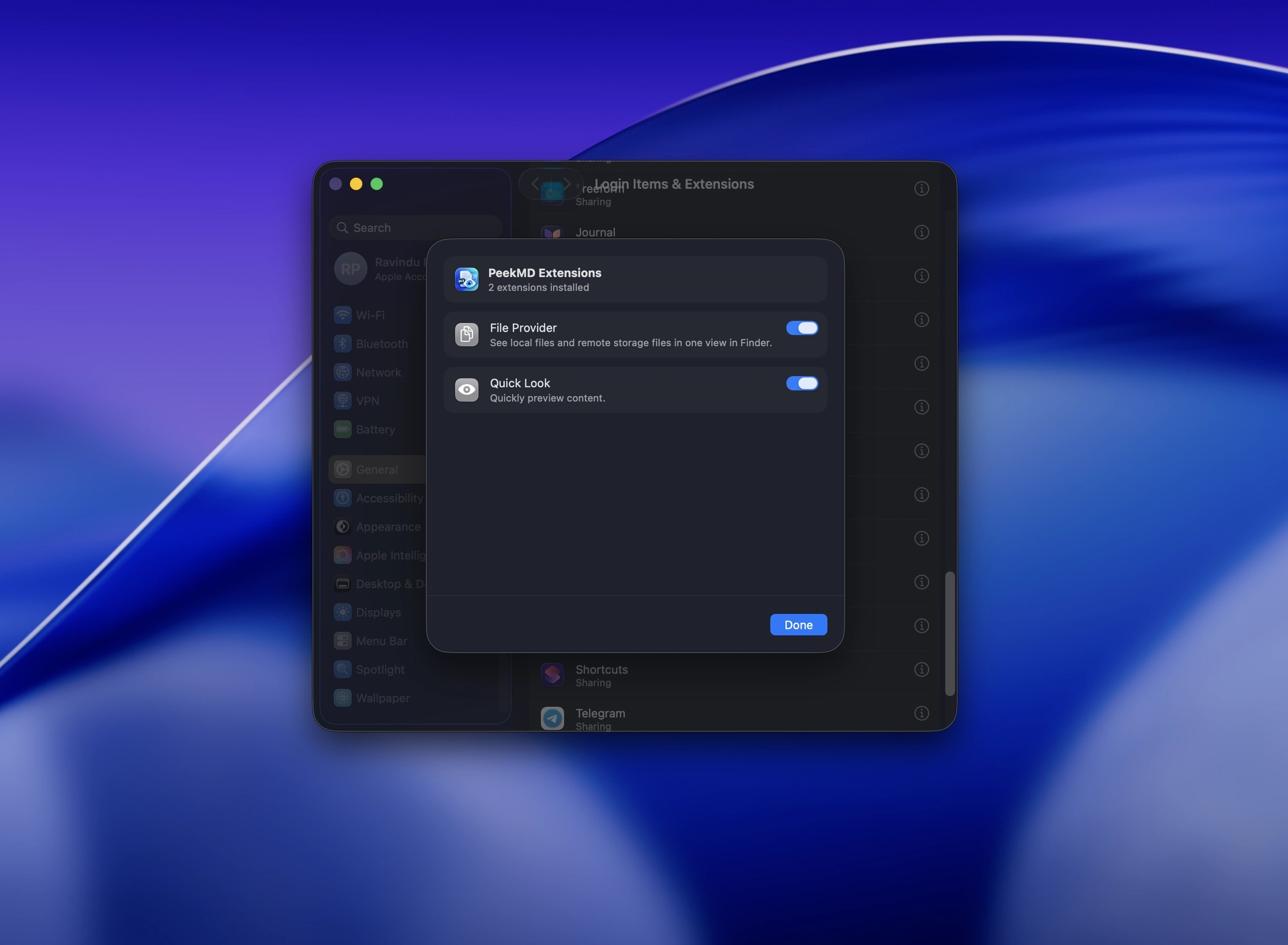 PeekMD macOS Settings & Extensions Configuration